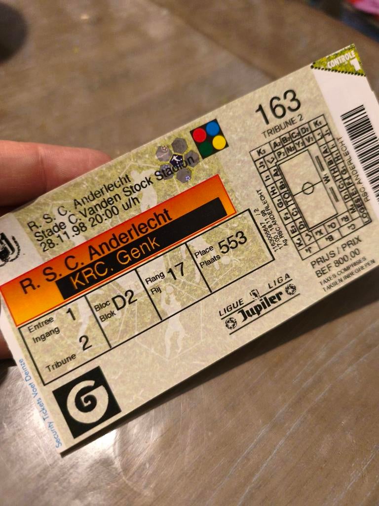 Ticket Anderlecht Genk 1998, Verzamelen, Ophalen of Verzenden