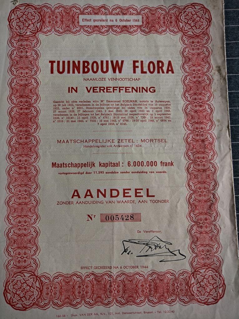 2 OUDE AANDELEN TUINBOUW FLORA TE KOOP, Postzegels en Munten, Aandelen en Waardepapieren, Ophalen of Verzenden, 1920 tot 1950