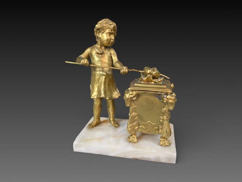 Encrier avec Cupidon cuisant deux coeurs, bronze, 19e, Enlèvement ou Envoi, Bronze