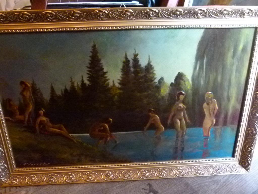 antiek schilderij `` badende Dames`` 1910-1925, Antiek en Kunst, Ophalen of Verzenden