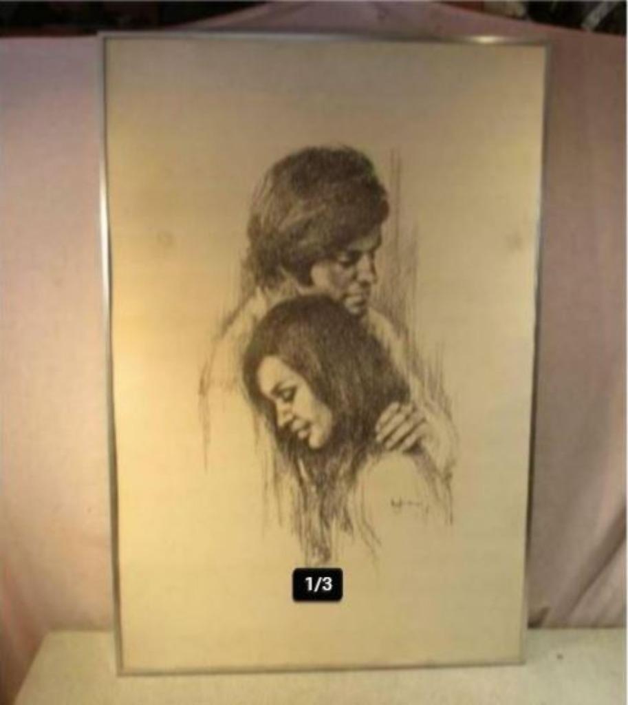 Mooie Tekening 'Verliefd Koppel' - Leo Janssen - 91x61, Antiek en Kunst, Ophalen of Verzenden