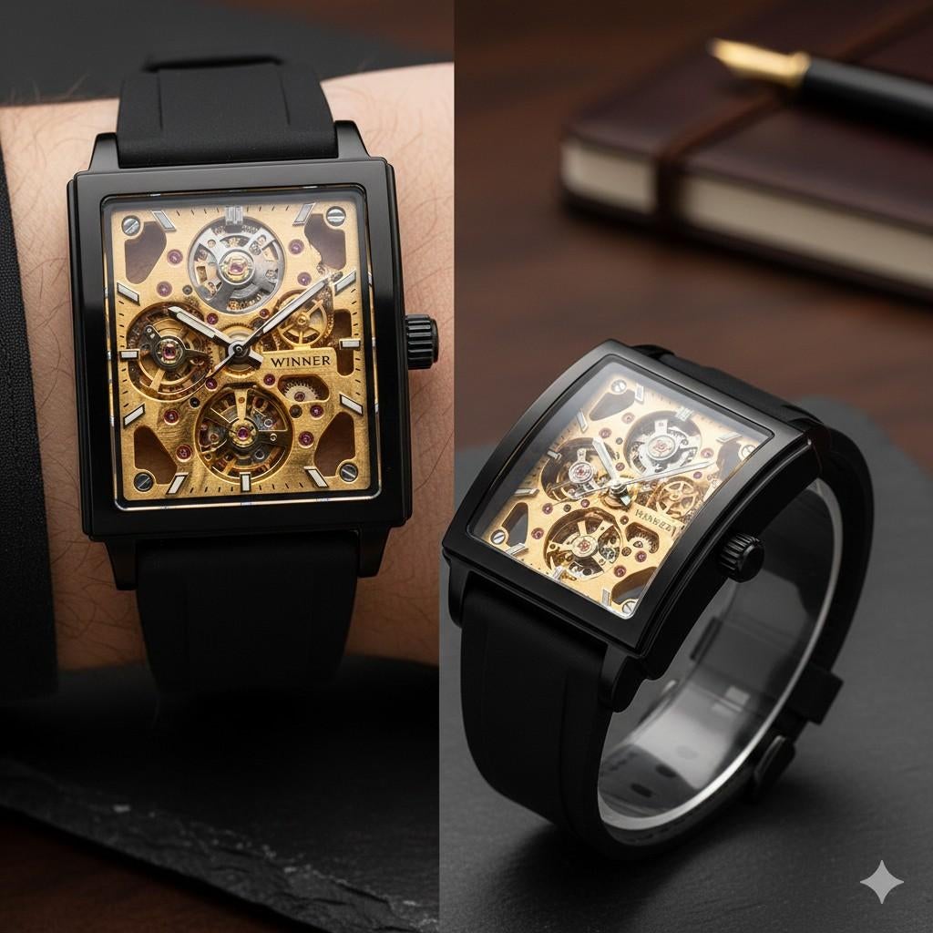 Exclusief Skeleton Horloge - Rechthoekig - Zwart & Goud - Ni, Overige merken, Overige materialen, Polshorloge, Overige materialen