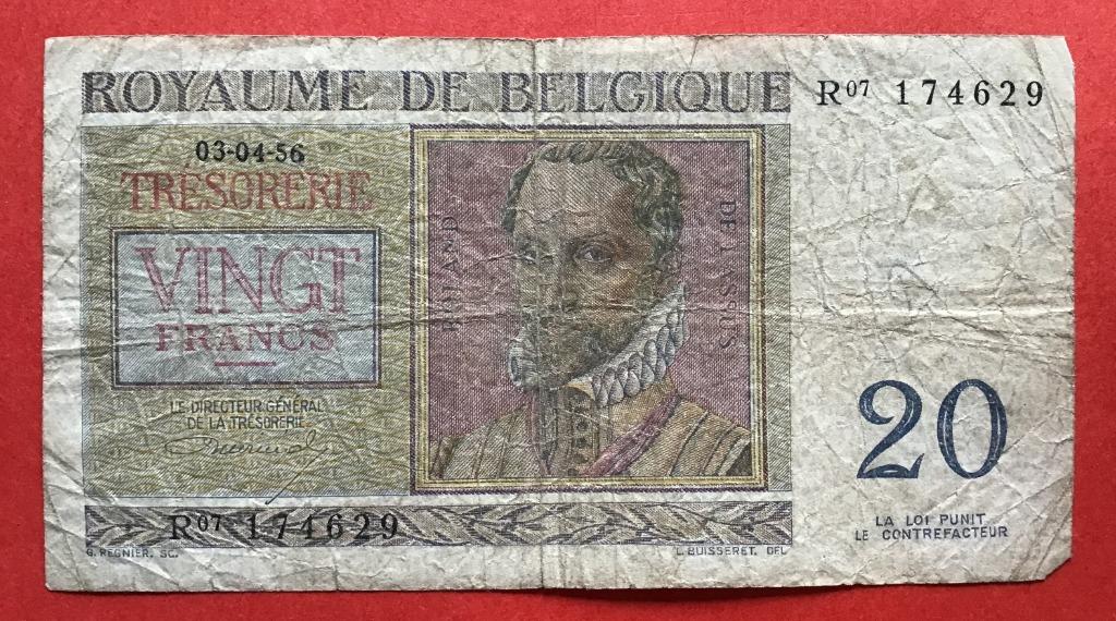 Biljet van 20 Fr Belgie 1956, Postzegels en Munten, Ophalen of Verzenden, Los biljet