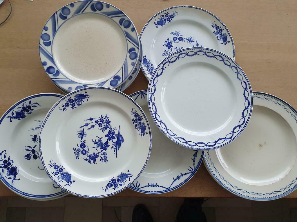 11 antieke porseleinen borden blauw - Boch, Antiek en Kunst, Antiek | Servies los, Ophalen of Verzenden