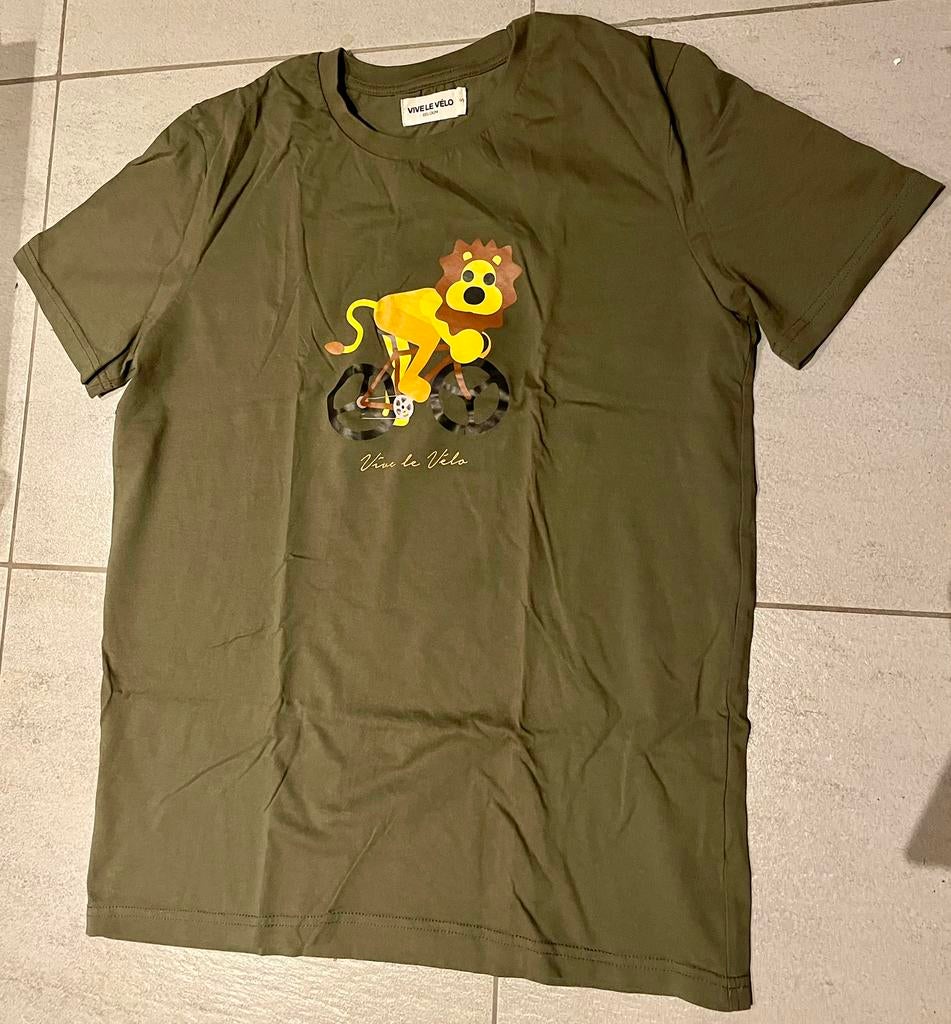 Origineel Vive le Vélo t-shirt small kaki met gele leeuw, Ophalen, Zo goed als nieuw, S, Bovenkleding
