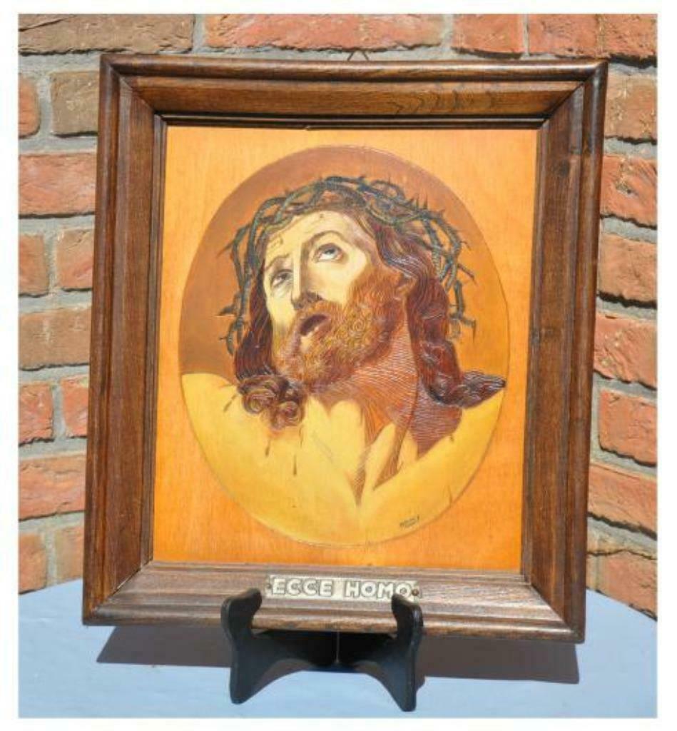 § gravure sur bois tête de christ cadre chêne, Enlèvement ou Envoi