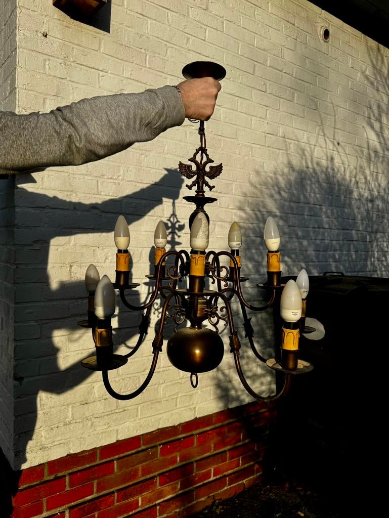 Antieke messing hanglamp / kroonluchter met adelaar, Gebruikt, 50 tot 75 cm, Metaal, Ophalen