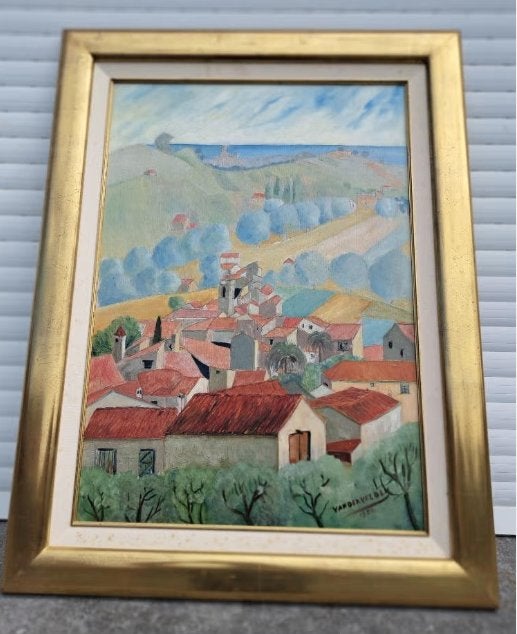Huile sur panneau village signe vandervelden 1952, Enlèvement ou Envoi, Panneau