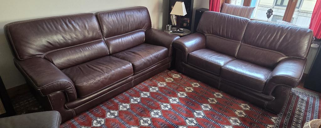 Set van 2 banken 1x3 en 1x2 in bruin leer, Huis en Inrichting, Zetels | Zetels, Gebruikt, Rechte bank, Tweepersoons, 150 tot 200 cm