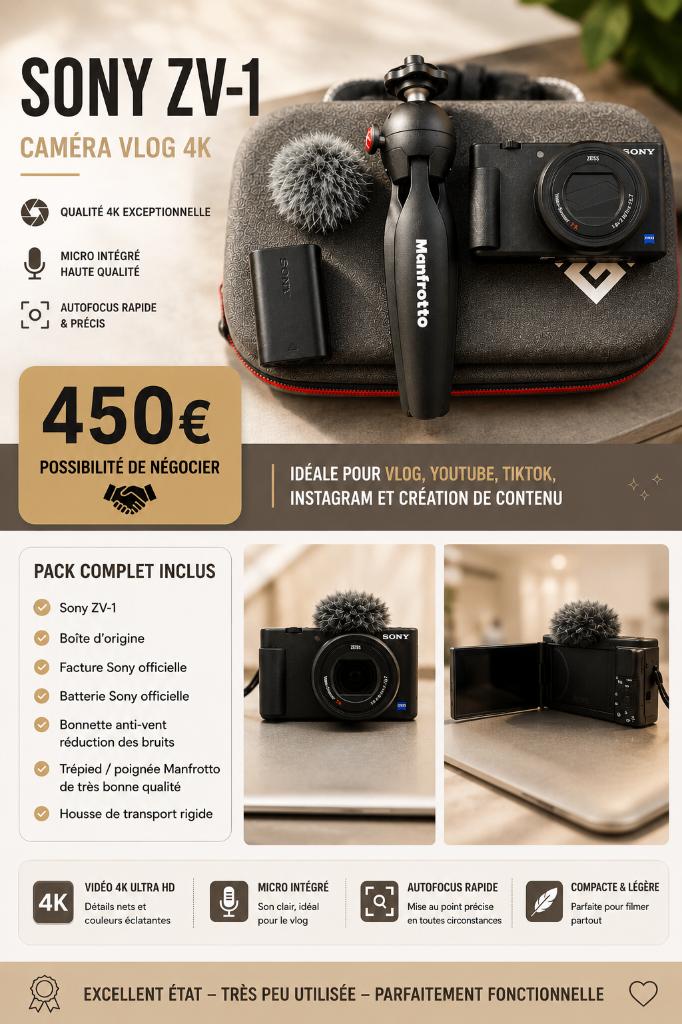 Sony ZV-1 + facture d’achat Sony – Très bon état, Enlèvement ou Envoi, Neuf, Compact, Sony