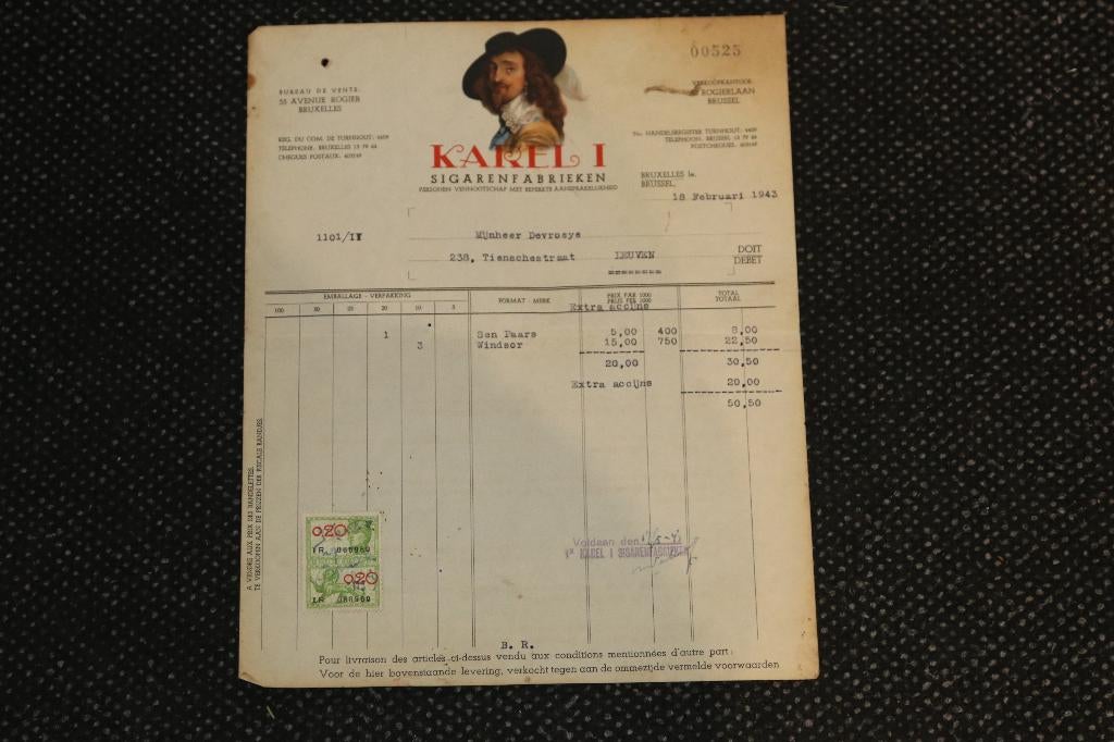 factuur 1943 sigaren karel I Brussel, Verzamelen, Ophalen of Verzenden