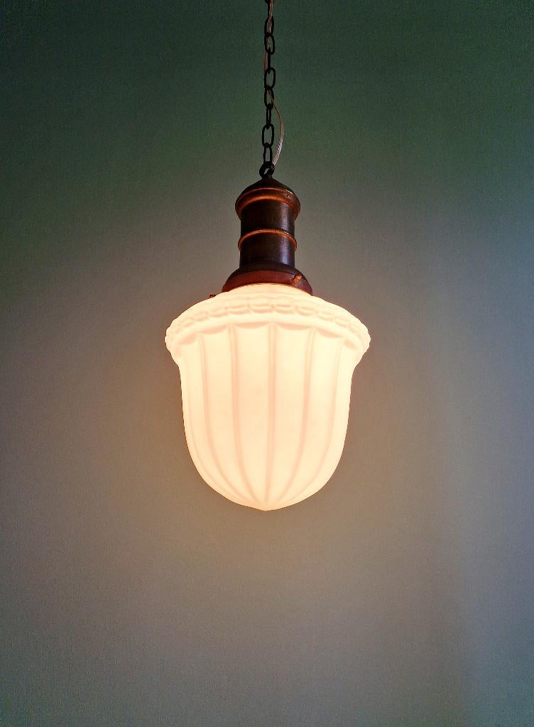Art Deco hanglamp in geperst wit glas, 1920-30, Antiek en Kunst, Ophalen of Verzenden
