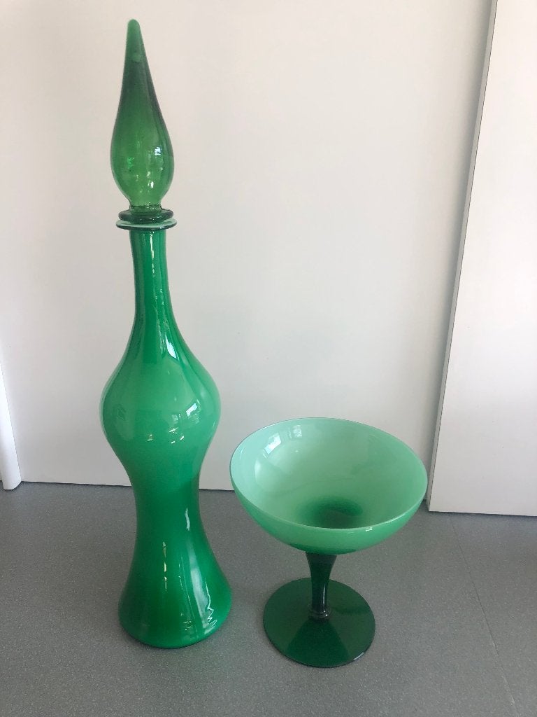 Groene vaas en kom, Maison & Meubles, Accessoires pour la Maison | Vases, Enlèvement, Comme neuf, Vert, Verre