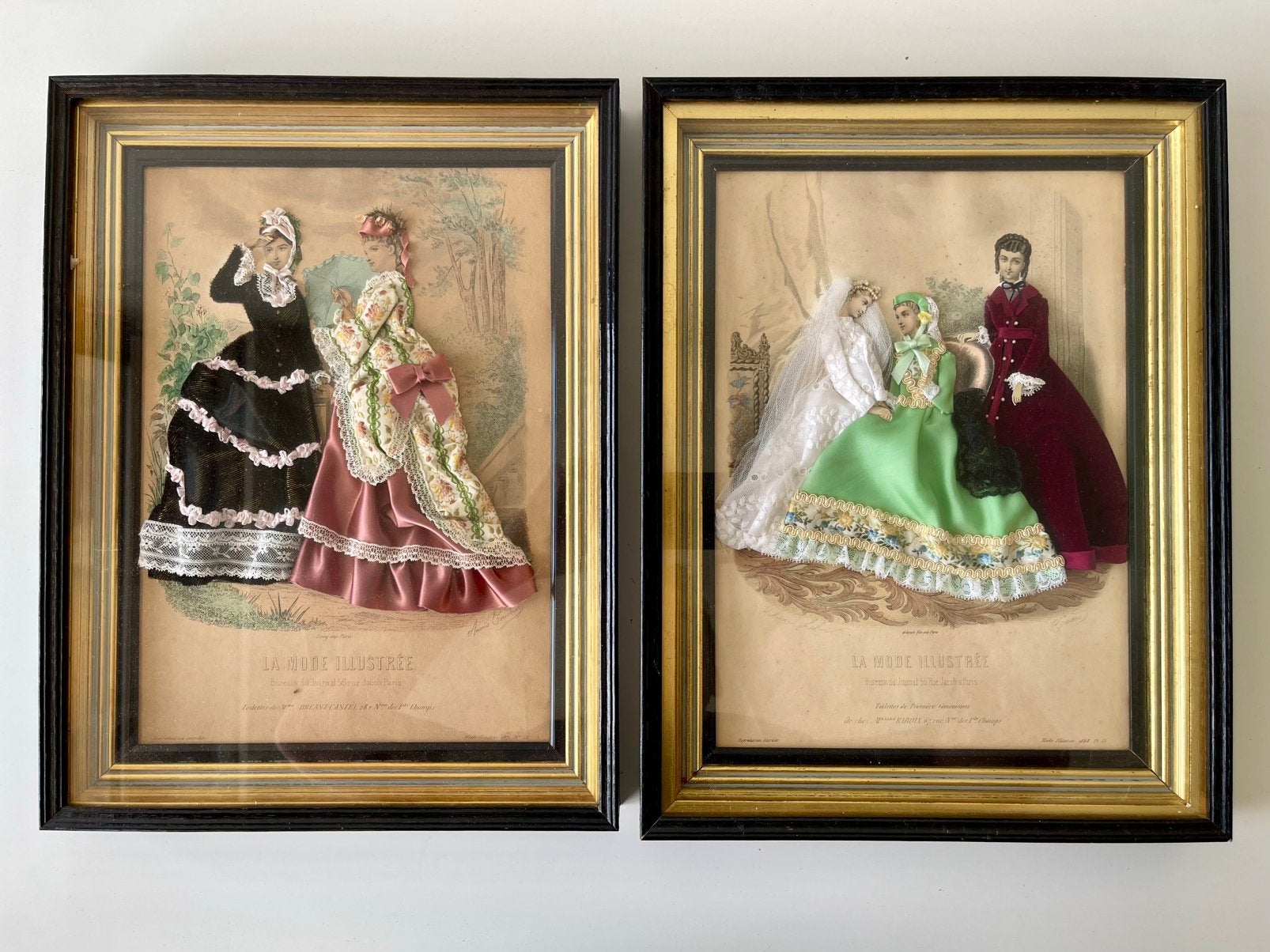 2 antieke La Mode Illustrée 3D modeprenten 1868/1872, Ophalen, Ingelijst, Papier