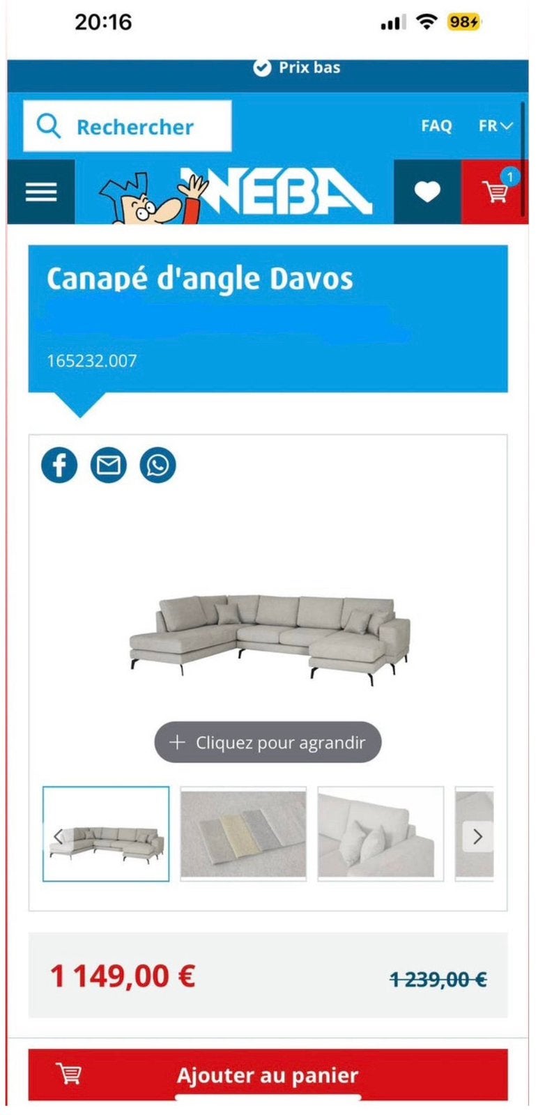 CANAPE GRIS NEUF 1149€ IL Y 2 SEMAINE A VENDRE 900€ démanger, Enlèvement, Neuf
