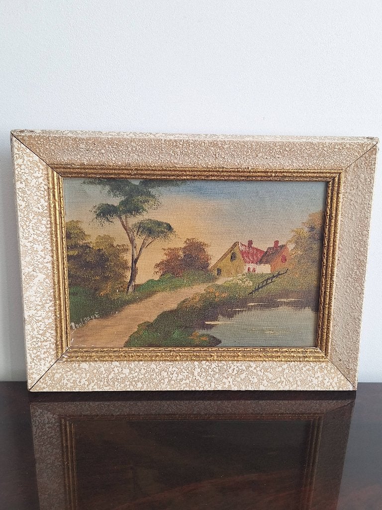 Antiek Landschap Schilderij met Witte Lijst, Doek, Realistisch, Ophalen of Verzenden, Gesigneerd