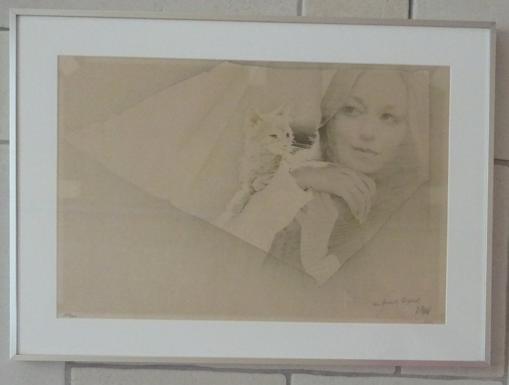 Pol Mara, Litho, 108/200, meisje met poes, 35 x 53 cm, Antiek en Kunst, Ophalen, Portret en Figuren, Gelimiteerde oplage, Lithografie