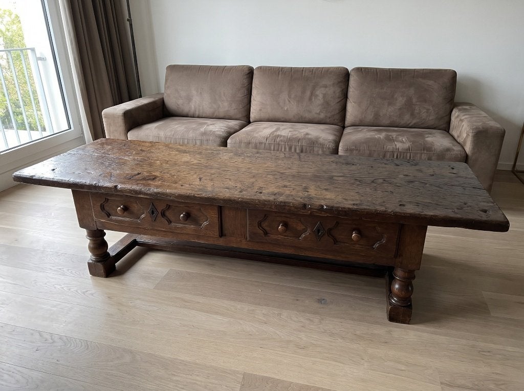 Grande table basse ancienne en chêne, 210 cm, deux tiroirs, Enlèvement
