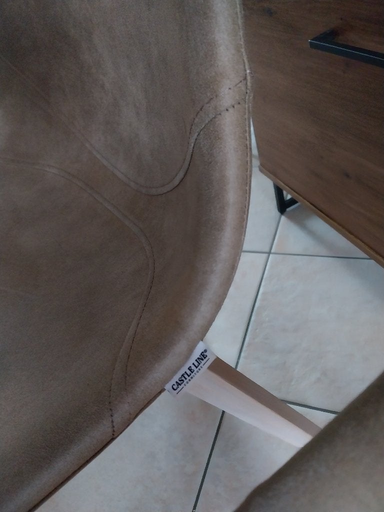 Lot de 4 chaises taupes bois et nubuck Castele line., Maison & Meubles, Bois, Brun, Enlèvement, Utilisé