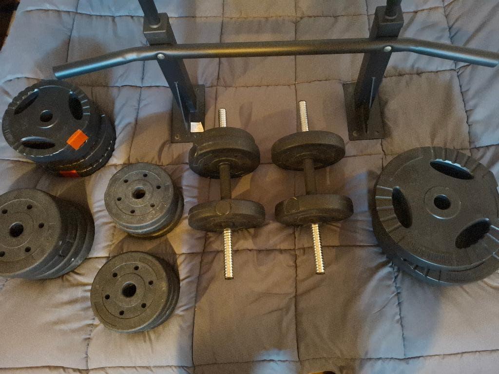 bank,Halters,optrekstang + meer dan 60 kg schijven., Sport en Fitness, Ophalen, Overige materialen, Overige typen, Buik