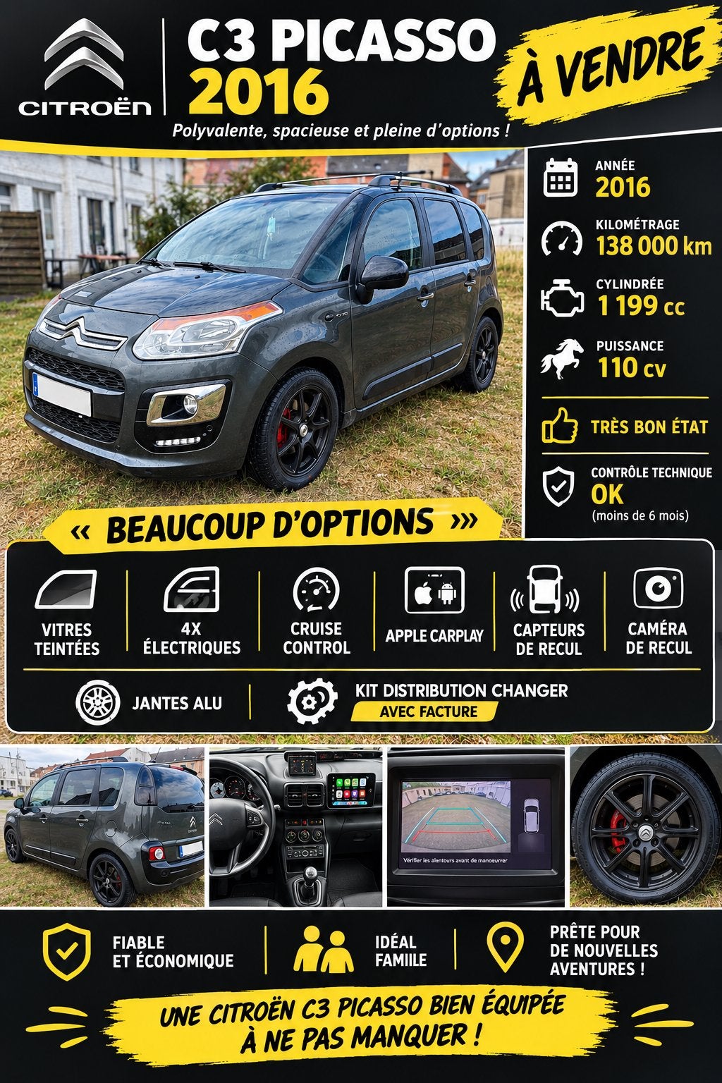 Citroen c3 Picasso de 2016 1.2cc 110cv 138km CT OK, Argent ou Gris, Achat, Euro 6, Boîte manuelle