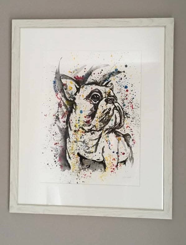 Ingelijste aquarel franse bulldog, Antiek en Kunst, Ophalen, Ingelijst, Aquarel, Dieren