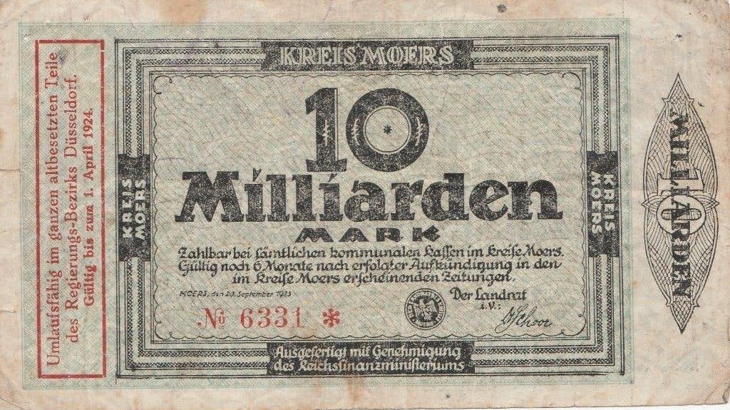 10 miliarden mark  kreis moers 1923, Ophalen of Verzenden, Duitsland, Los biljet
