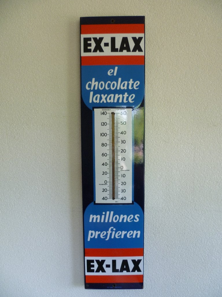 EMAILLE RECLAME THERMOMETER"EX-LAX"USA UIT JAREN 30, Verzamelen, Ophalen of Verzenden, Gebruikt, Reclamebord