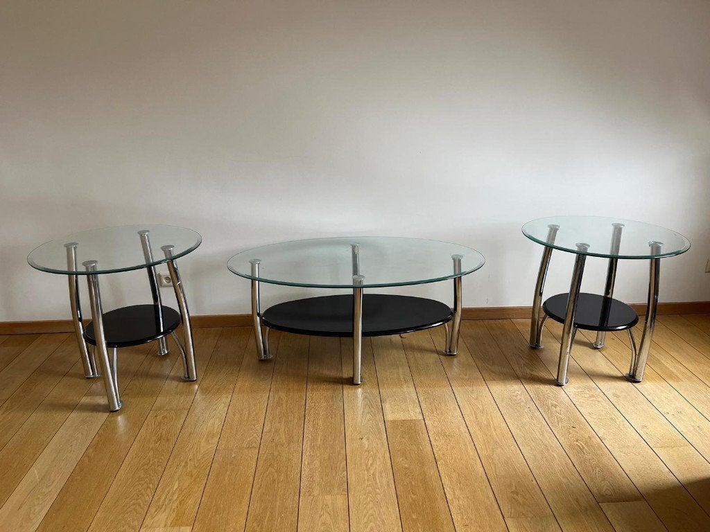 Tafels van glas en metaal, Huis en Inrichting, Tafels | Salontafels, Ophalen, 50 – 75, Gebruikt, 50 tot 100 cm