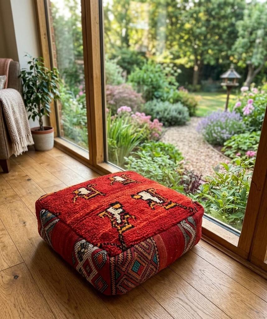 Coussin de sol berbère en laine – Style Bohème / Kilim artis, Antiek en Kunst, Antiek | Tapijten, Tafelkleden en Textiel, Ophalen of Verzenden