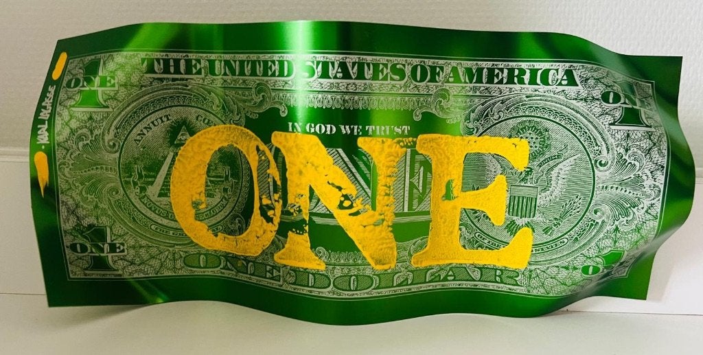Sculpture one dollar GREEN YELLOW Karl Lagasse (1981), Antiquités & Art, Sculpture, Vert, Autres matériaux, 39 cm