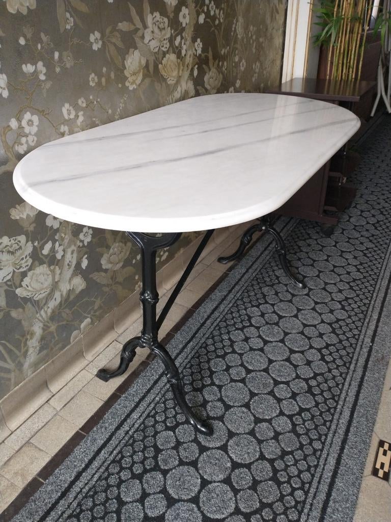 Ovale bistrotafel 60/120cm, gietijzeren voet en marmer blad, Bistro, Enlèvement, Utilisé, Métal ou Aluminium