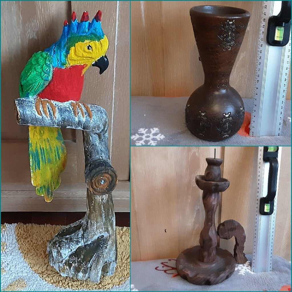 3 houtsnijwerken, Prijs voor alledrie samen, Ophalen of Verzenden, Beschilderd, Hout, Houtsnijwerk