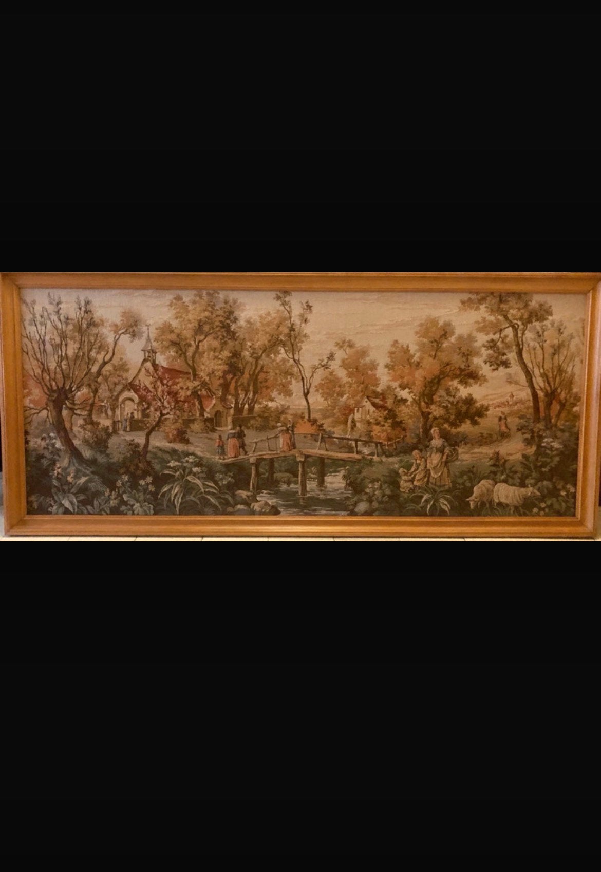Grande tapisserie murale encadrée «Scène champêtre» 180x80cm, Antiquités & Art, Enlèvement ou Envoi
