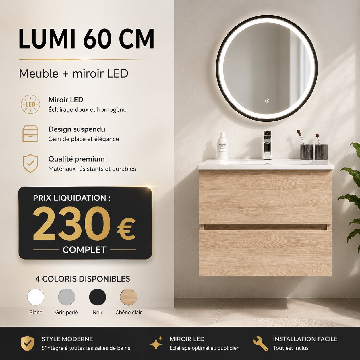 LIQUIDATION – Meuble de salle de bain LUMI 60 cm, Doe-het-zelf en Bouw, Sanitair, Nieuw, Ophalen