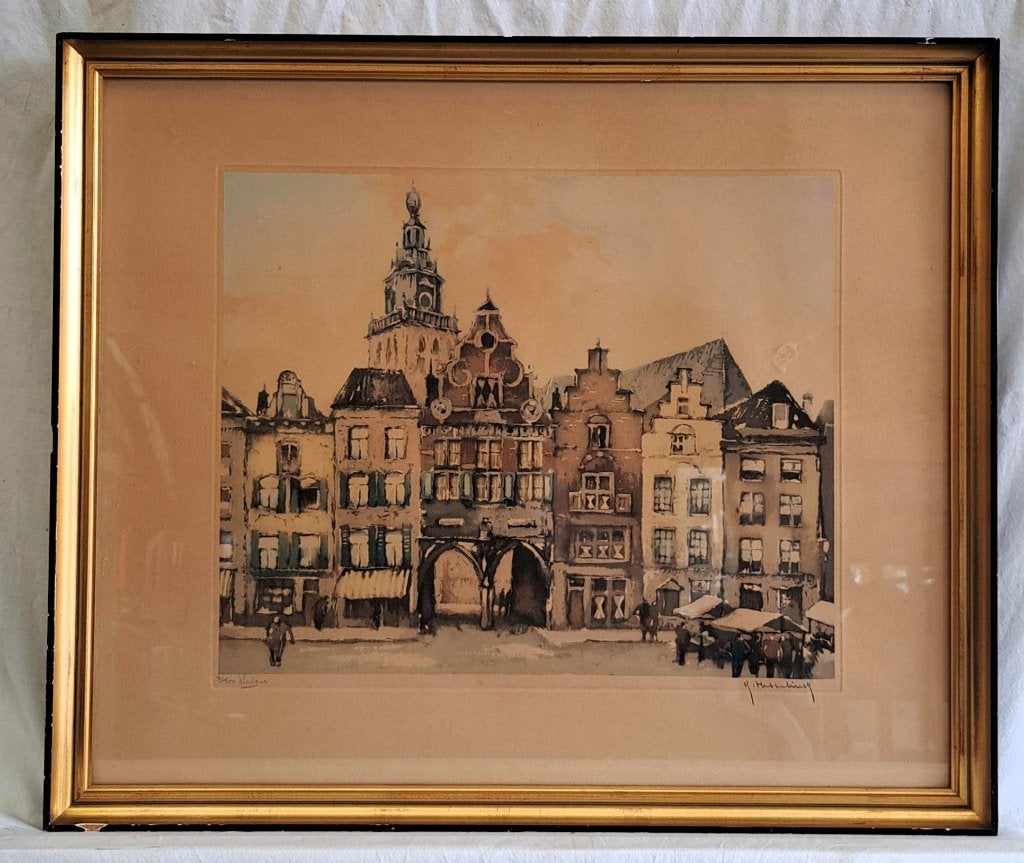 Lithographie de Roger Hebbelinck (1912-1987) Nimègue, Antiquités & Art, Enlèvement ou Envoi, Autres sujets, Avec verre, Lithographie