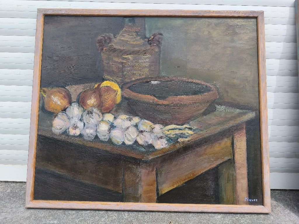 Huile sur panneau nature morte signe paques, Antiquités & Art, Enlèvement ou Envoi, Nature morte, Panneau