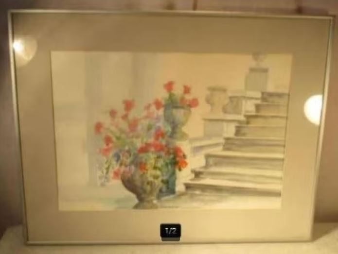 Mooi geschilderd Aquarel 'Bloemen bij Trap' - Erica Oort, Ophalen of Verzenden
