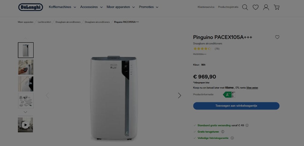 Nieuwe Delonghi Airco unit, Ophalen, Energieklasse A of zuiniger, Nieuw, 3 snelheden of meer