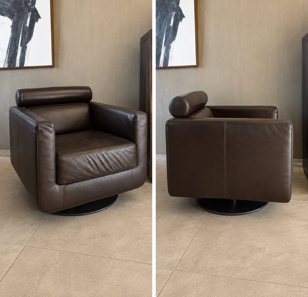 Natuzzi draaifauteuil – bruin leer, Huis en Inrichting, Fauteuils, Ophalen, Gebruikt, LEER, 50 tot 75 cm