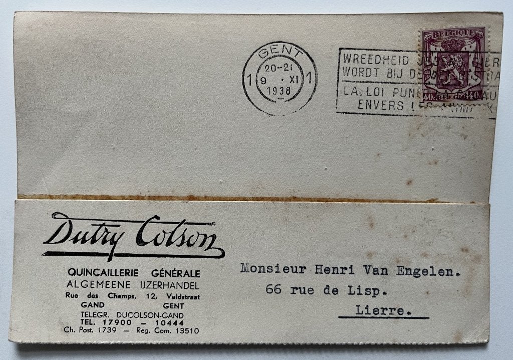 briefkaart Dutry Colson Gent 1938, Ophalen of Verzenden