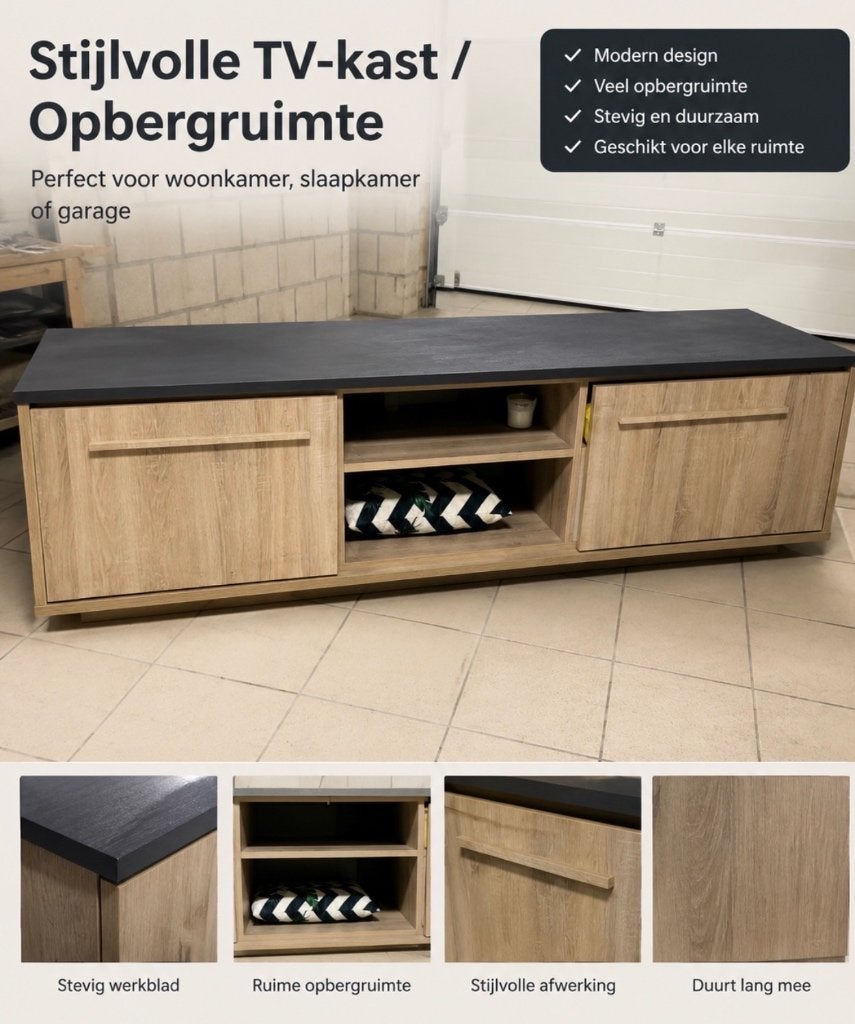 TV-meubel / Dressoir – Moderne eikenlook met zwart blad, 25 à 50 cm, Eikenhout, Comme neuf, 50 à 100 cm