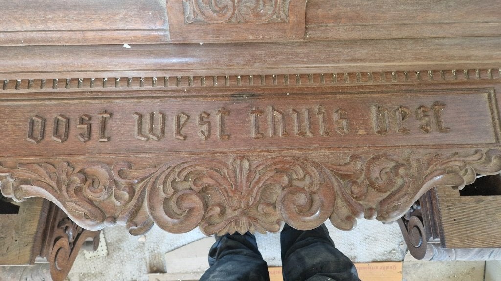 Eiken schouwmantel "Oost West Thuis Best", Huis en Inrichting, Haarden, Ophalen, Gebruikt