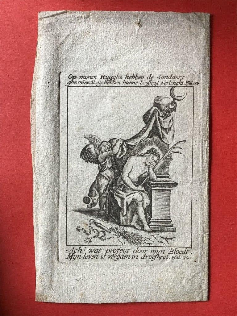 anno 1725 Antwerpia Gravure Op mijnen Rugghe..., Verzamelen, Ophalen of Verzenden, Gebruikt, Kaart of Prent, Christendom | Katholiek