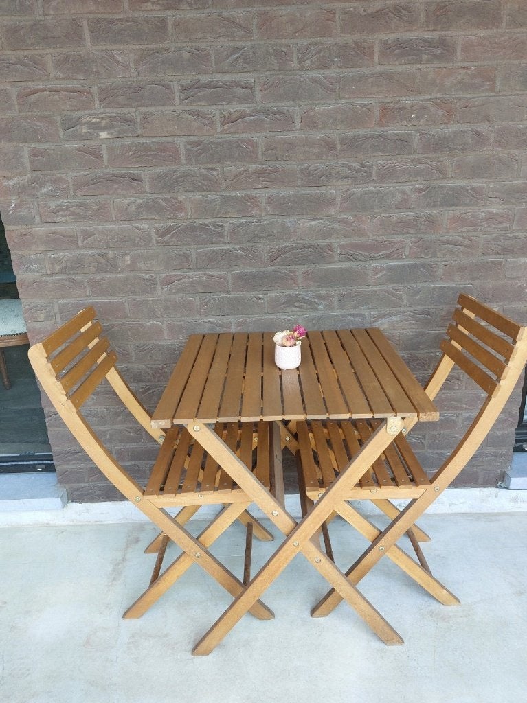 bistro / salon de jardin pliant en bois (table + 2 chaises), Jardin & Terrasse, Chaises de jardin, Utilisé, Bois, Pliant, Enlèvement