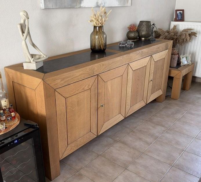 eiken living : tafel, dressoir, barkast heel goeie staat, Ophalen, Zo goed als nieuw, Eik, antiek-look