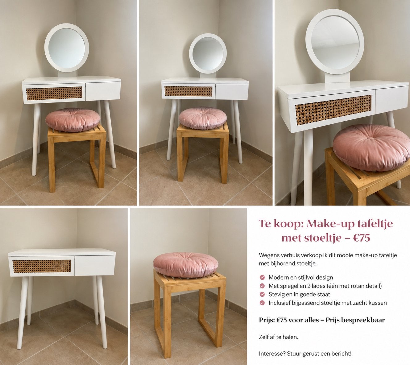 Make-uptafel met spiegel + bijpassend stoeltje, Ophalen, Zo goed als nieuw