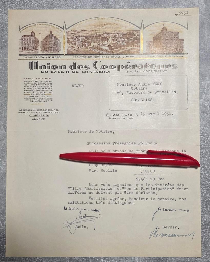 Union des Coopérateurs du bassin de Charleroi+1951, Enlèvement, 1940 à 1960, Non affranchie, Hainaut