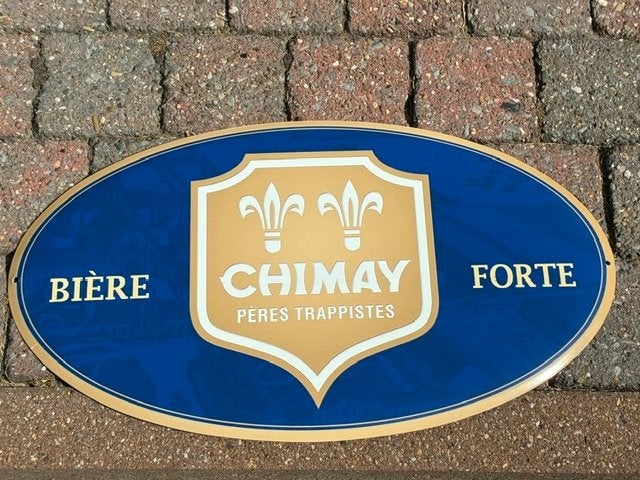 Chimay ovaal,  licht metalen plakkaat, blauw-goud, Verzamelen, Ophalen of Verzenden, Gebruikt, Reclamebord
