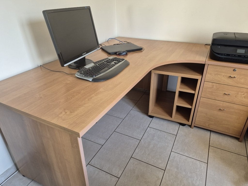 Bureau - Hoekbureau met ladeblok en kastje – eik/beuken, Ophalen, Met lades, Hout, Hoekbureau